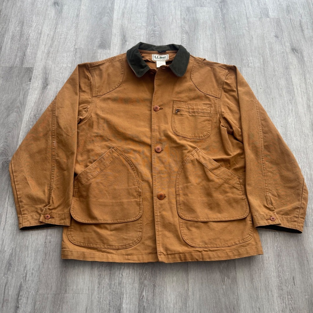 Vintage LL Bean Large Field Chore Coat Brown Canvas Corduroy Collar Hunt Jacket